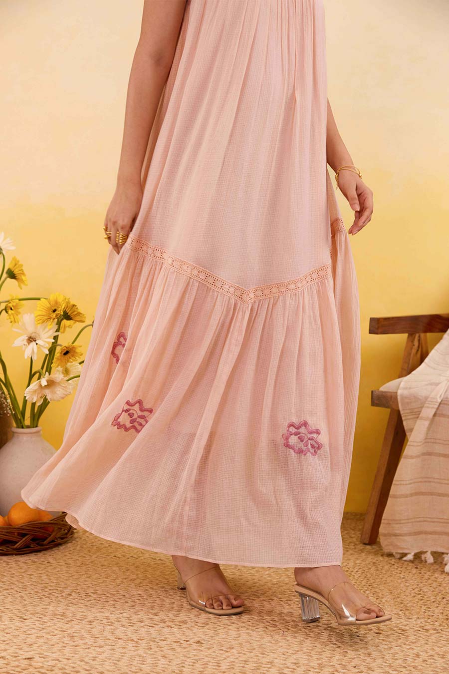 Apricot Bloom Embroidered Maxi Dress