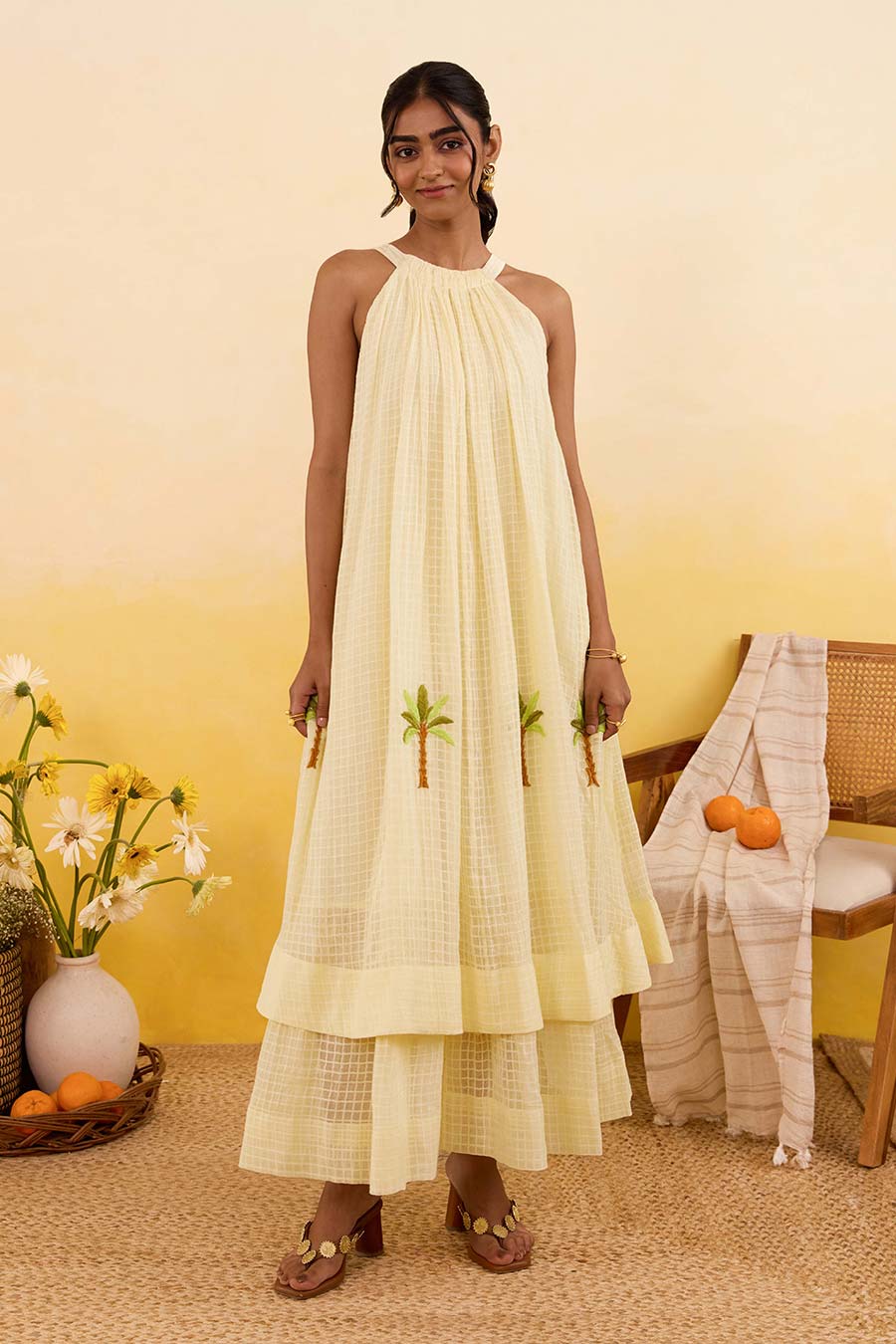 Yellow Palm Whisper Embroidered Dress