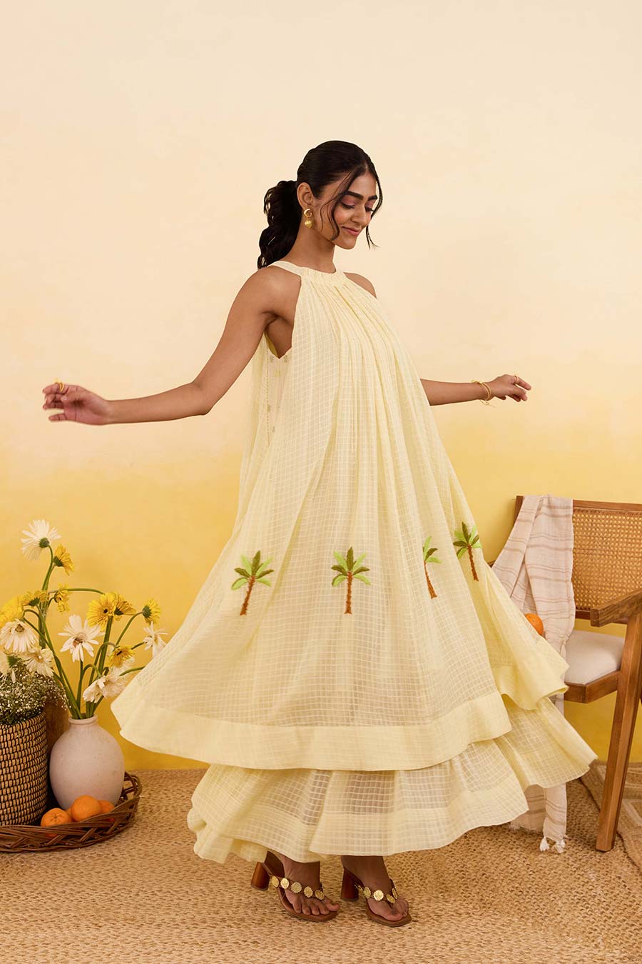 Yellow Palm Whisper Embroidered Dress