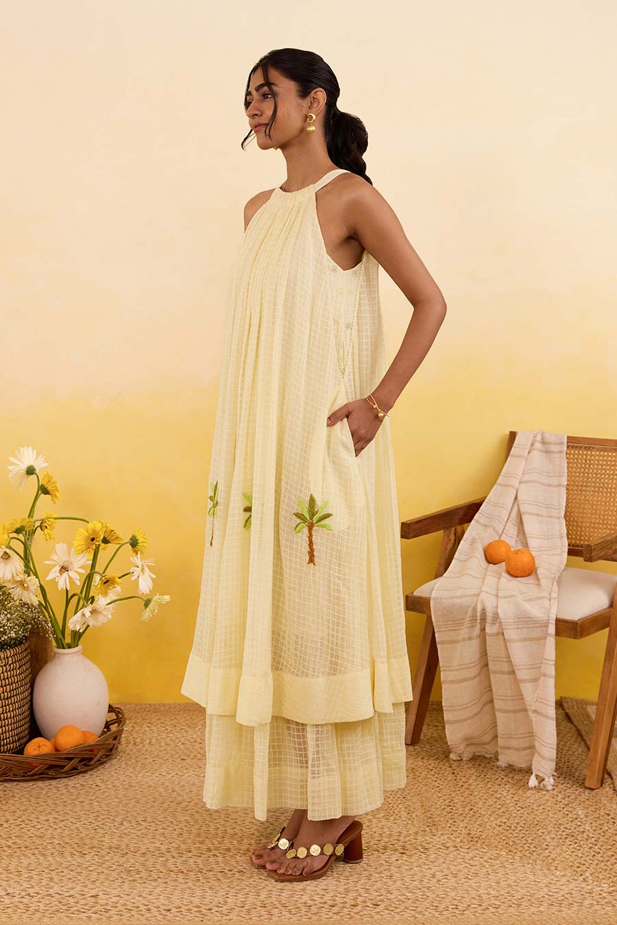 Yellow Palm Whisper Embroidered Dress