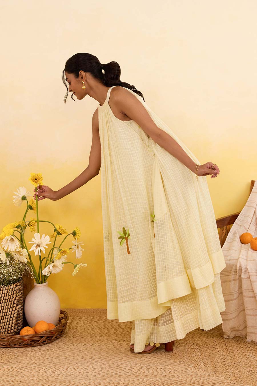 Yellow Palm Whisper Embroidered Dress