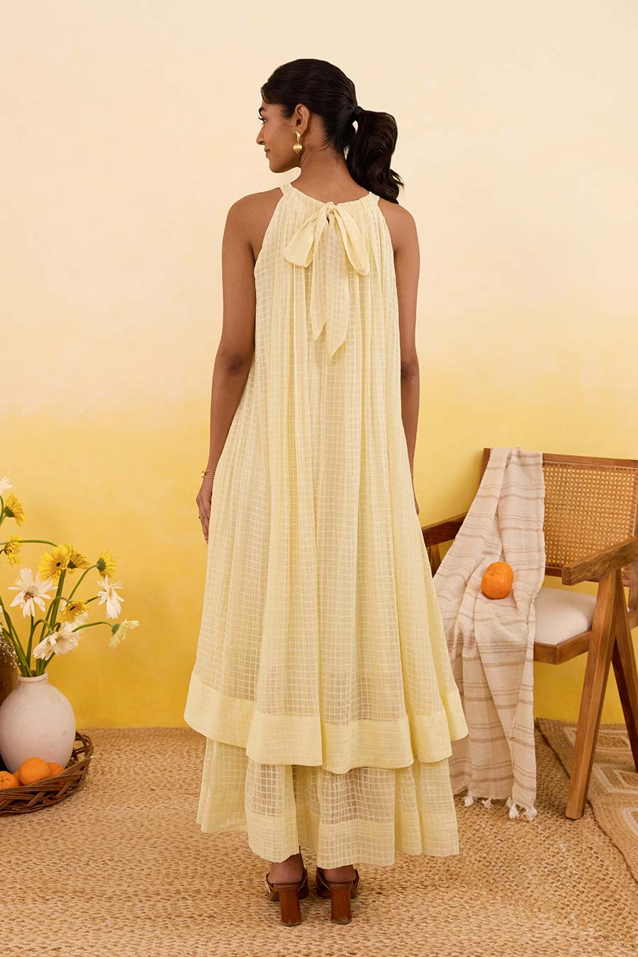 Yellow Palm Whisper Embroidered Dress