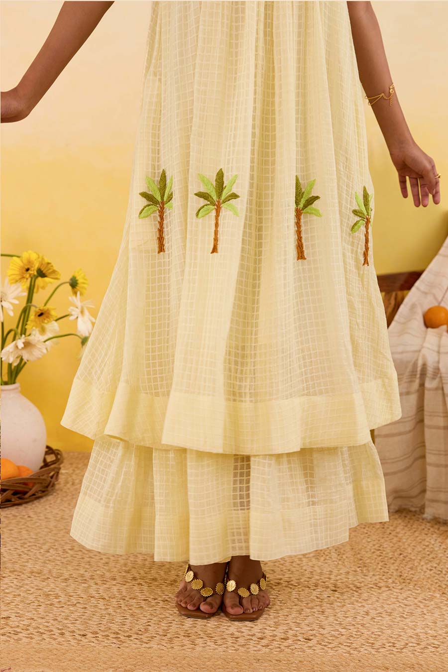 Yellow Palm Whisper Embroidered Dress