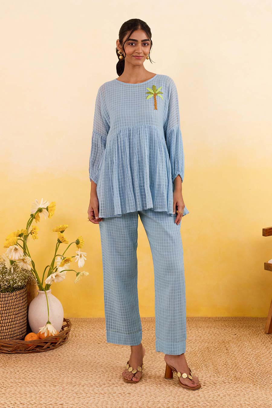 Blue Sky Grid Embroidered Co-Ord Set