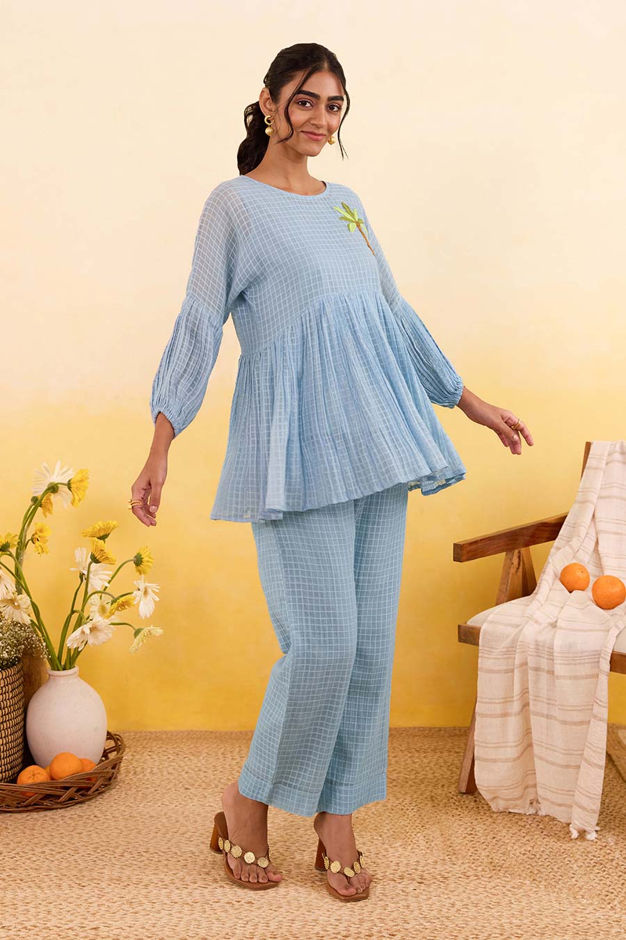 Blue Sky Grid Embroidered Co-Ord Set