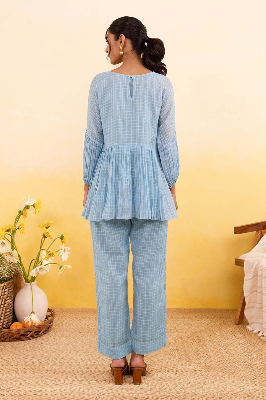 Blue Sky Grid Embroidered Co-Ord Set