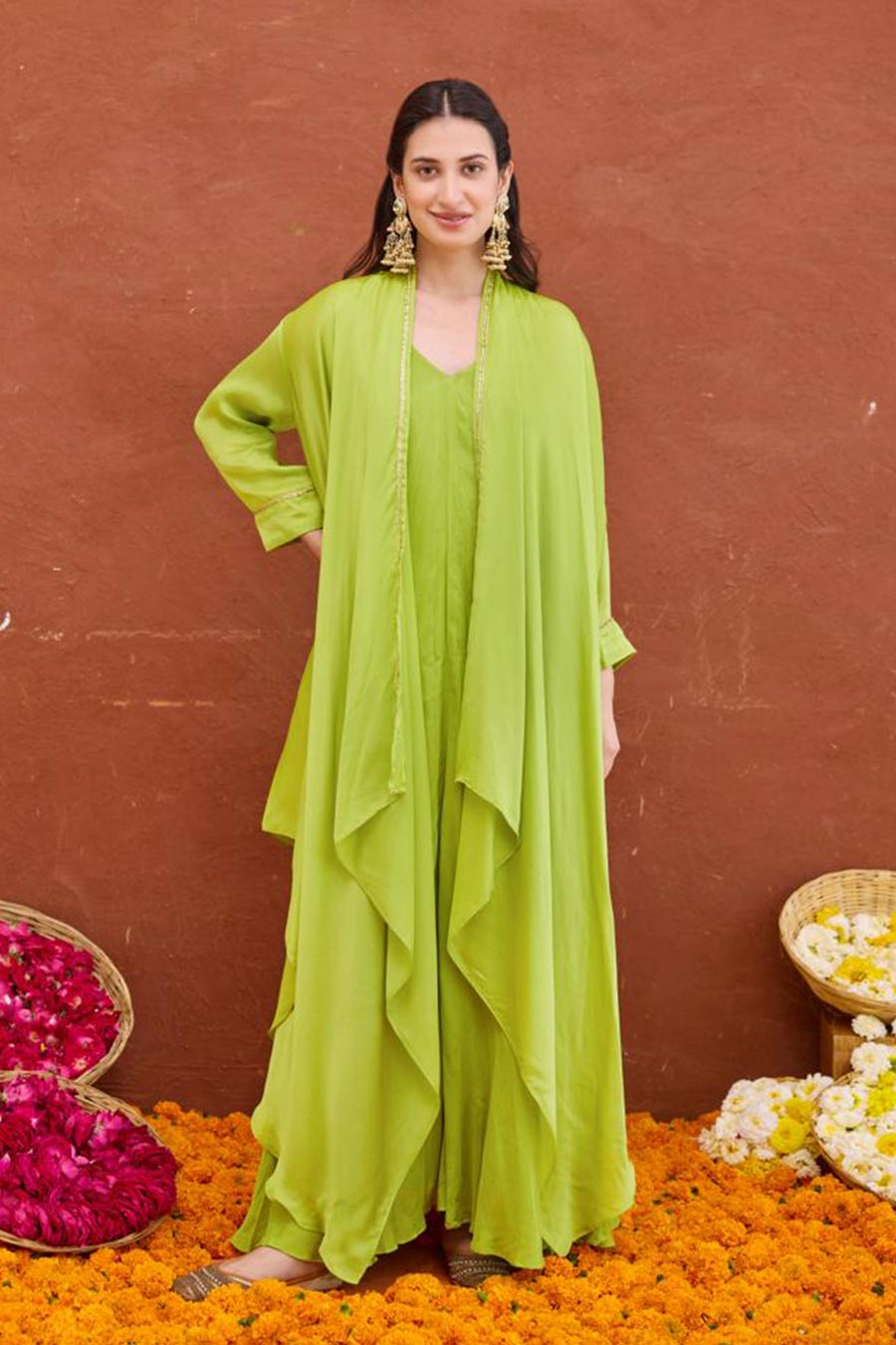Meher Lime Green Dress & Jacket Co-Ord Set