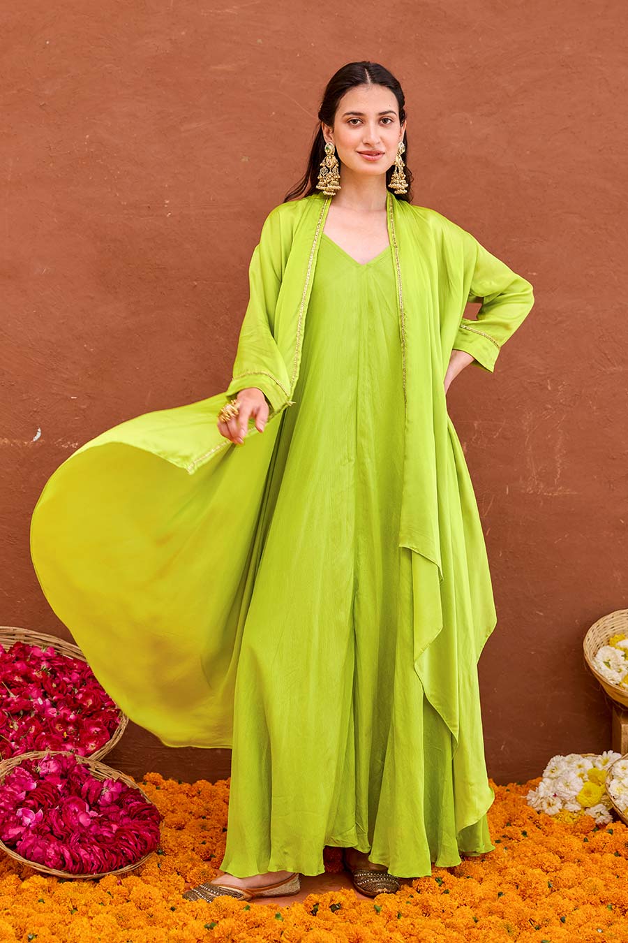 Meher Lime Green Dress & Jacket Co-Ord Set