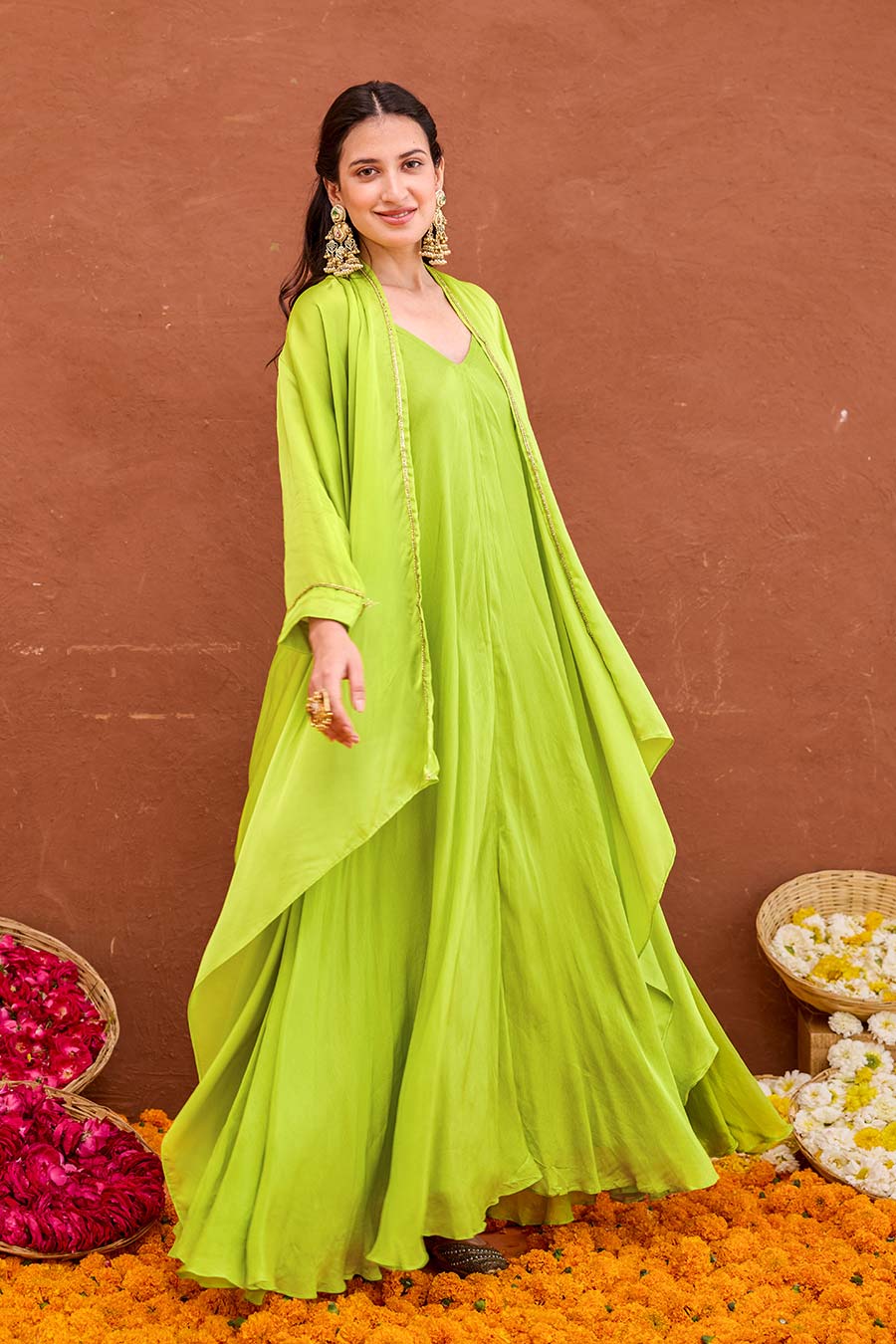 Meher Lime Green Dress & Jacket Co-Ord Set