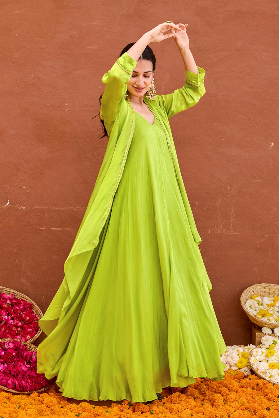 Meher Lime Green Dress & Jacket Co-Ord Set