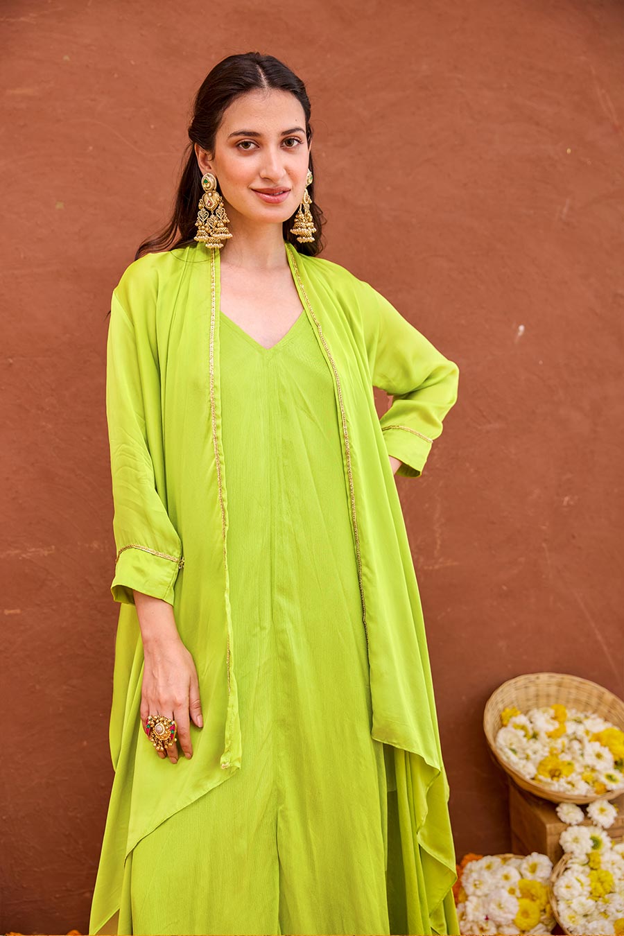 Meher Lime Green Dress & Jacket Co-Ord Set