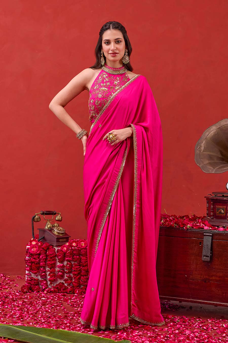 Kaashni Pink Embroidered Saree & Blouse Set