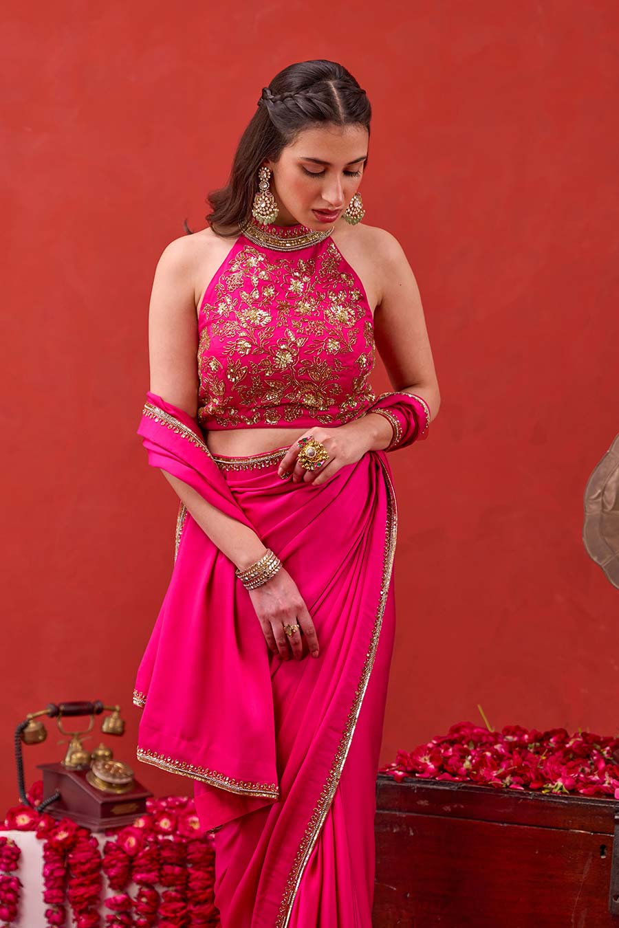 Kaashni Pink Embroidered Saree & Blouse Set