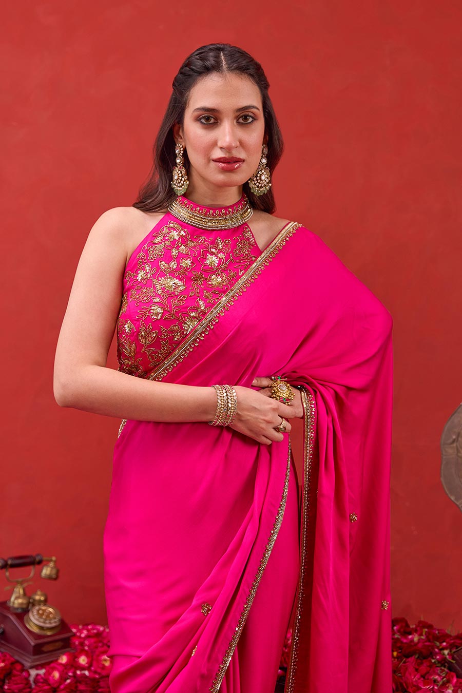 Kaashni Pink Embroidered Saree & Blouse Set