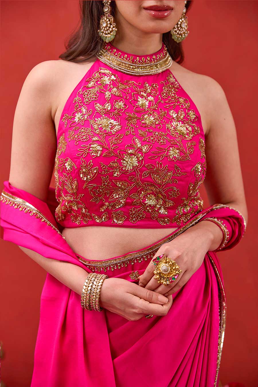Kaashni Pink Embroidered Saree & Blouse Set