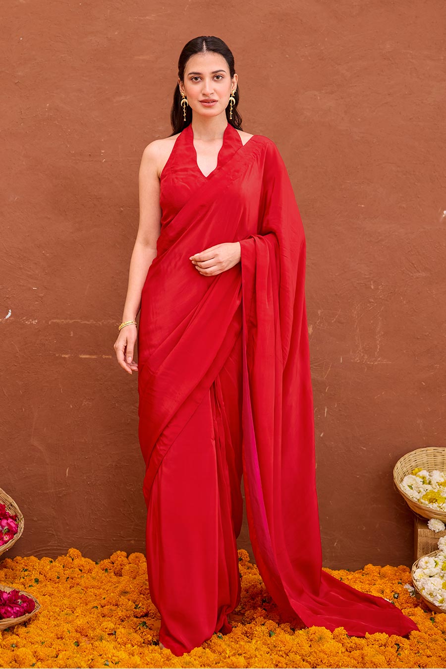 Aarza Red Satin Silk Pre-Draped Saree Set
