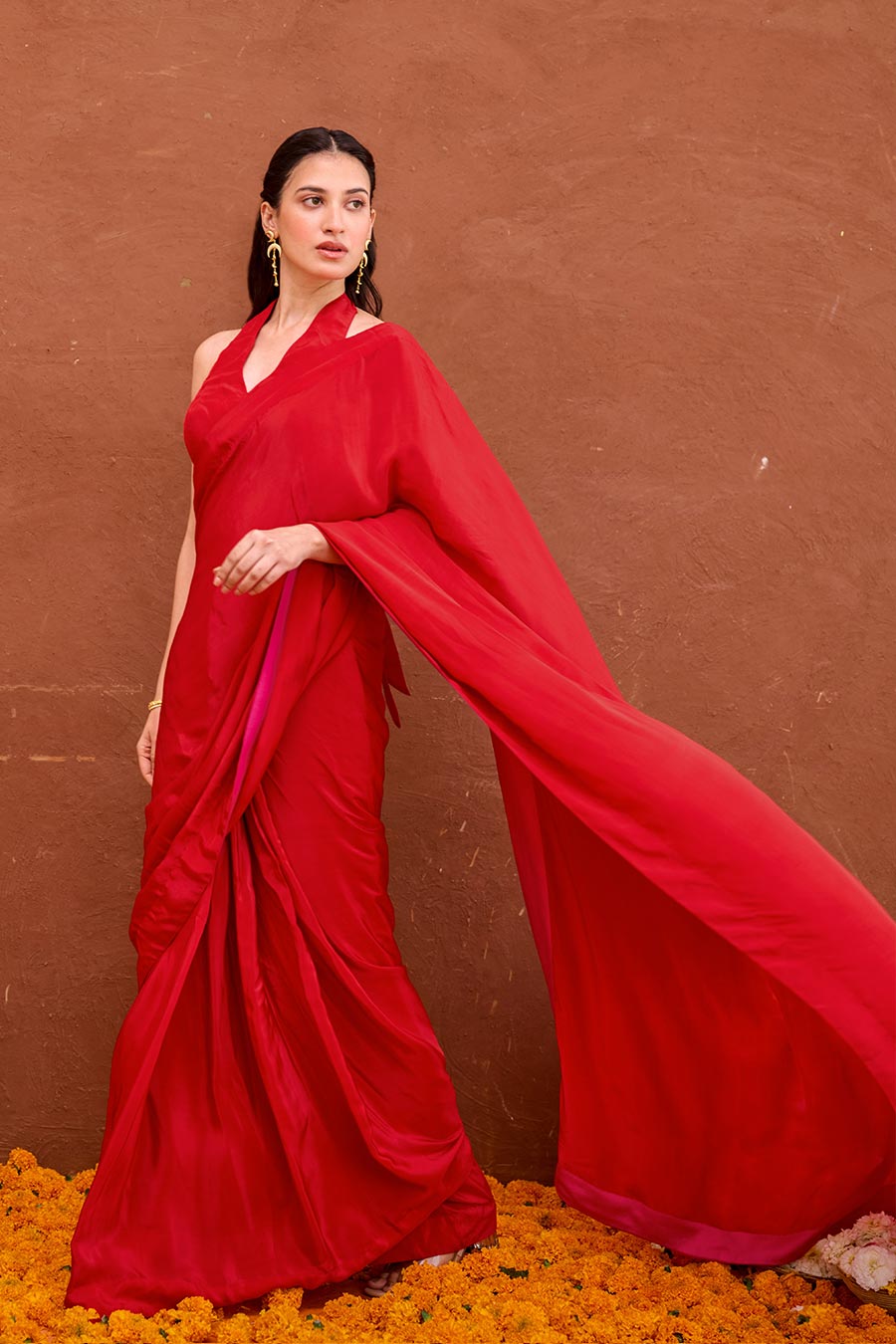 Aarza Red Satin Silk Pre-Draped Saree Set
