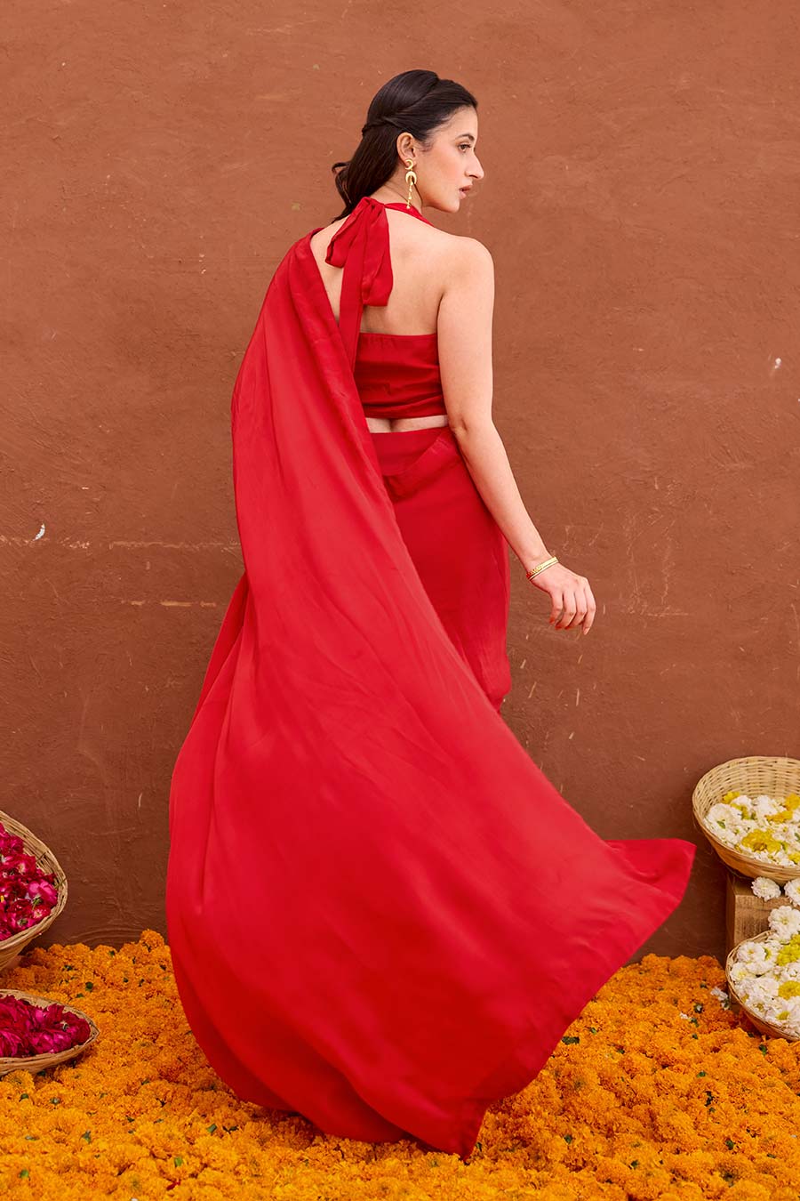 Aarza Red Satin Silk Pre-Draped Saree Set