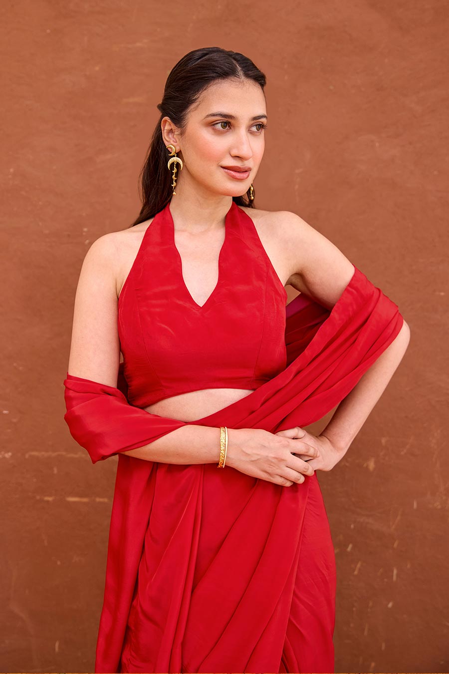 Aarza Red Satin Silk Pre-Draped Saree Set