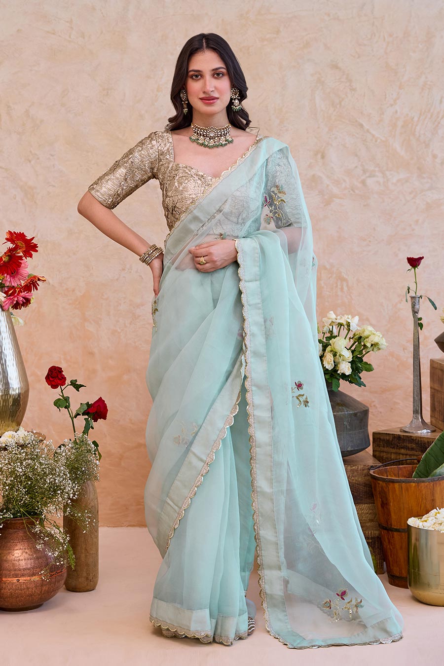 Nigar Mint Organza Embroidered Saree With Metallic Blouse