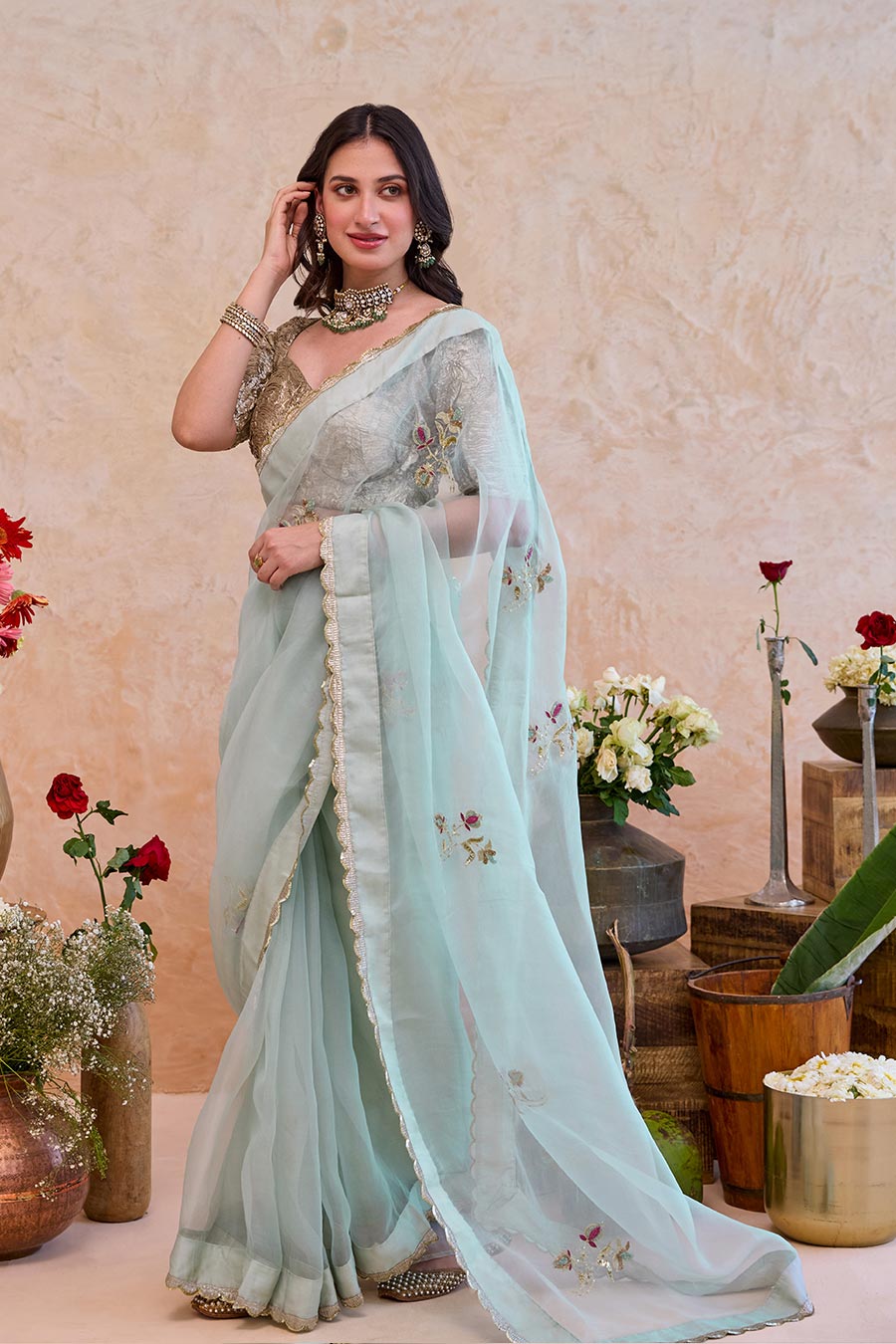 Nigar Mint Organza Embroidered Saree With Metallic Blouse