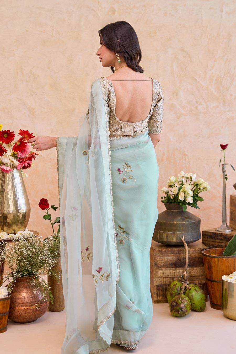 Nigar Mint Organza Embroidered Saree With Metallic Blouse