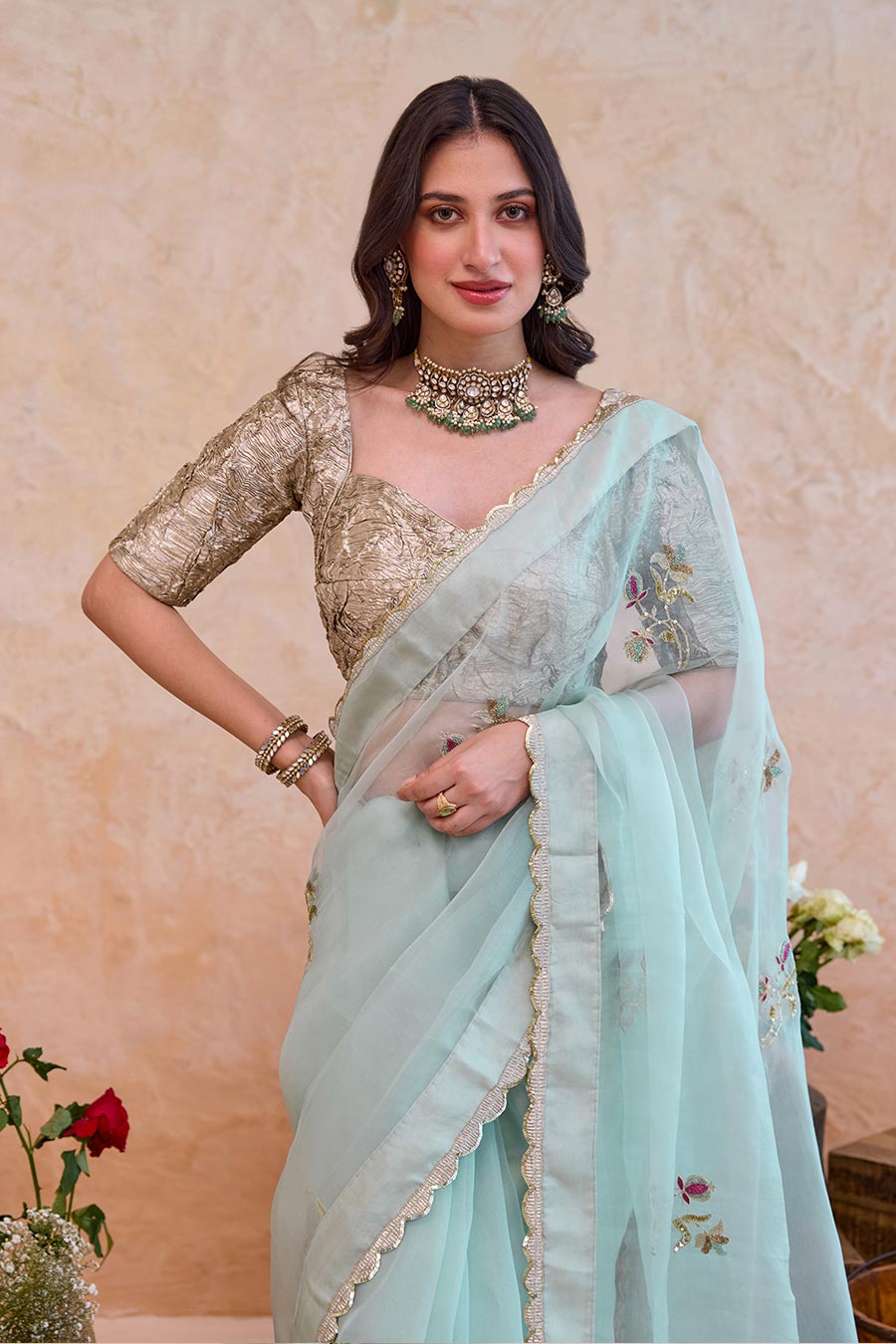 Nigar Mint Organza Embroidered Saree With Metallic Blouse