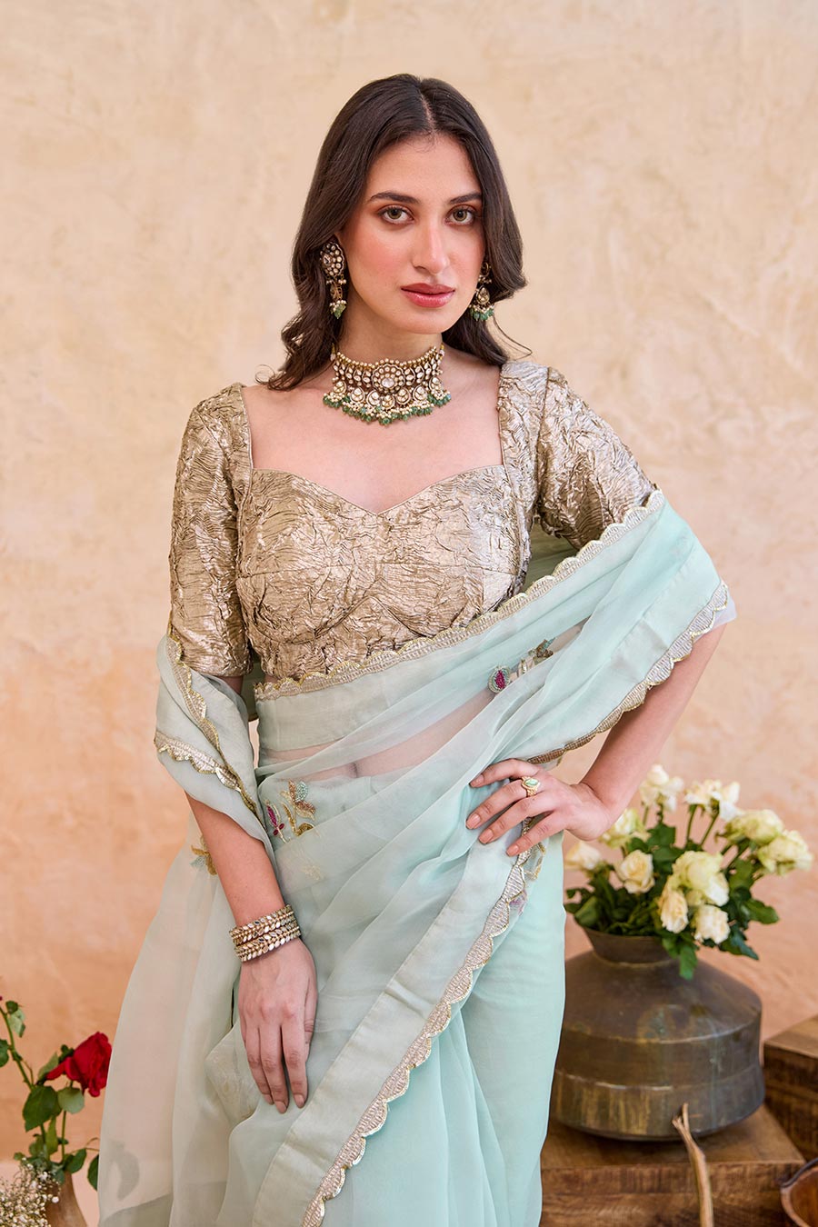 Nigar Mint Organza Embroidered Saree With Metallic Blouse