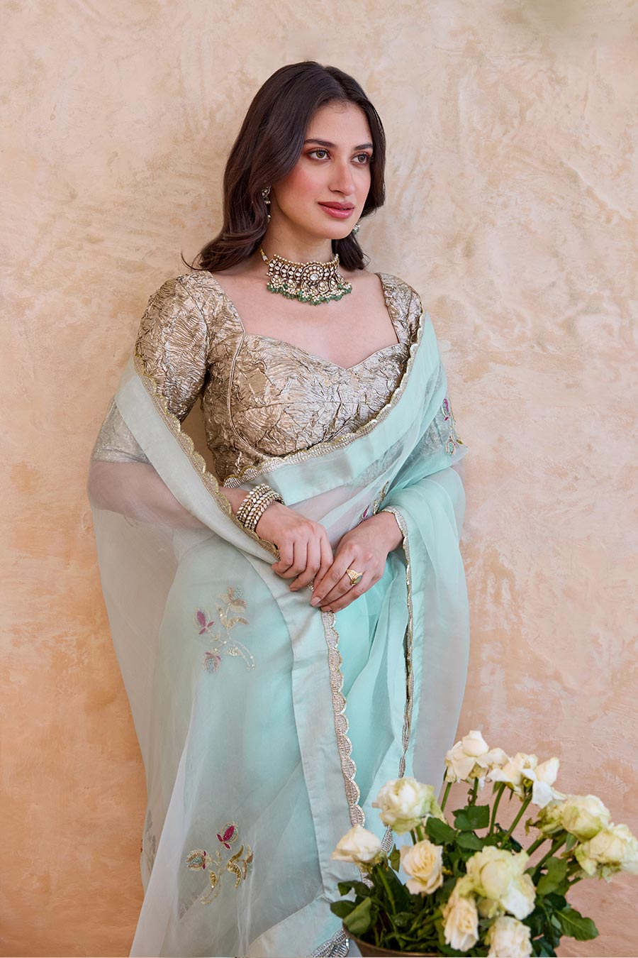 Nigar Mint Organza Embroidered Saree With Metallic Blouse