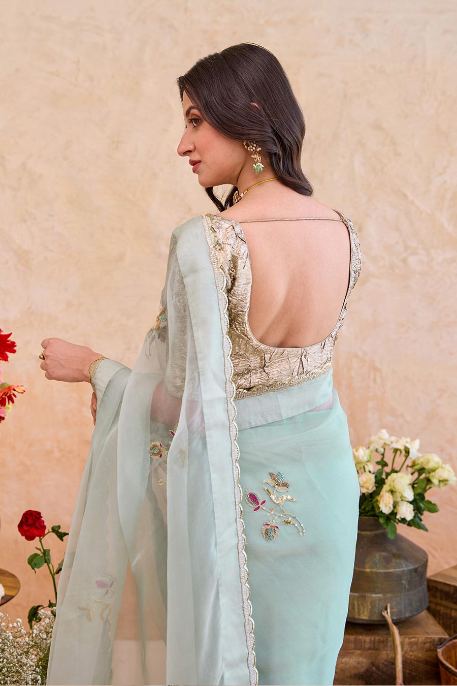 Nigar Mint Organza Embroidered Saree With Metallic Blouse