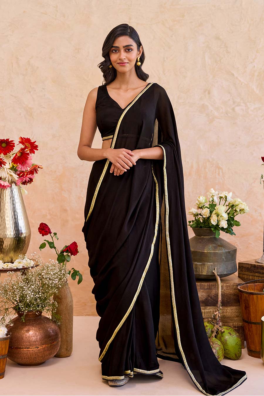 Siyahi Black Embroidered Pre-Draped Saree Set