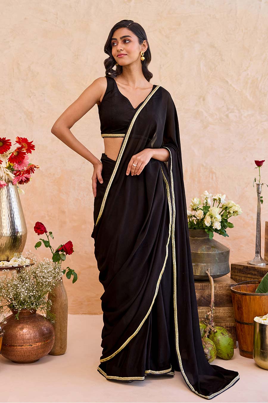 Siyahi Black Embroidered Pre-Draped Saree Set