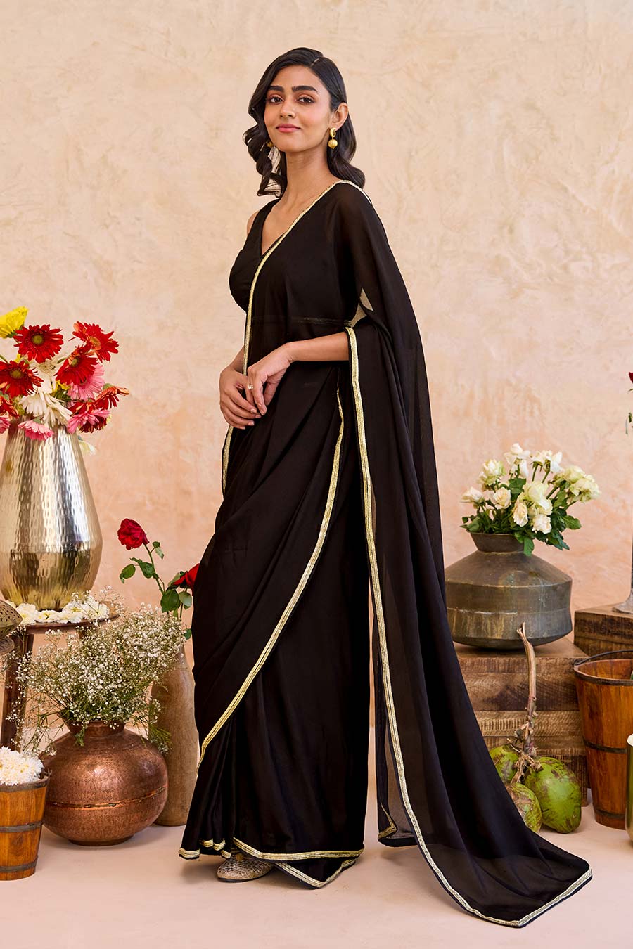 Siyahi Black Embroidered Pre-Draped Saree Set