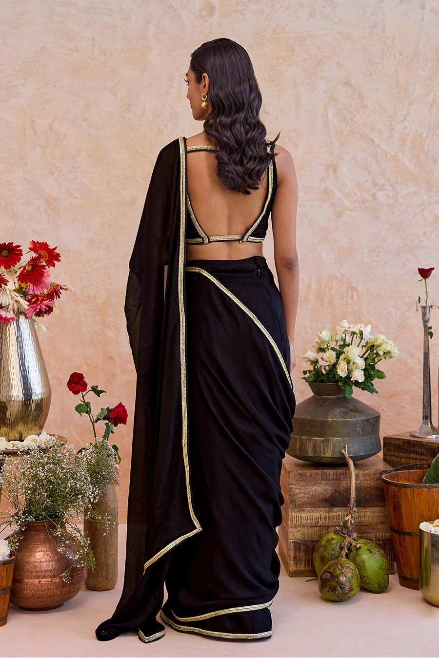 Siyahi Black Embroidered Pre-Draped Saree Set