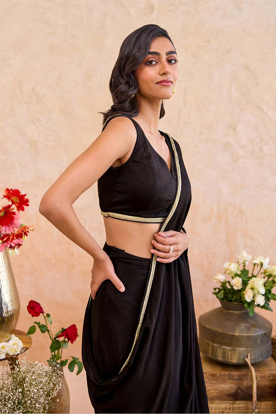 Siyahi Black Embroidered Pre-Draped Saree Set