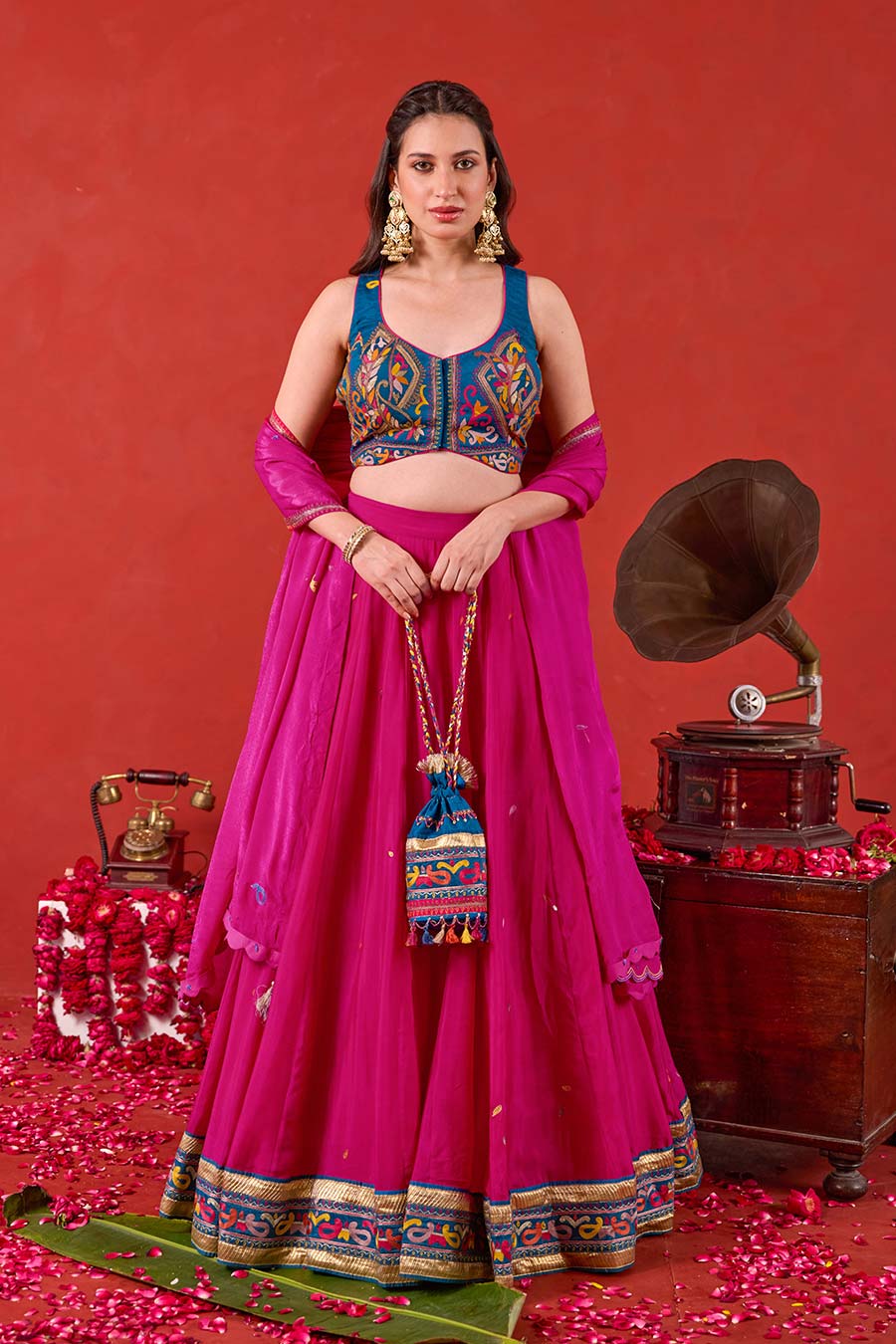 Nazakat Pink-Blue Embroidered Lehenga Set