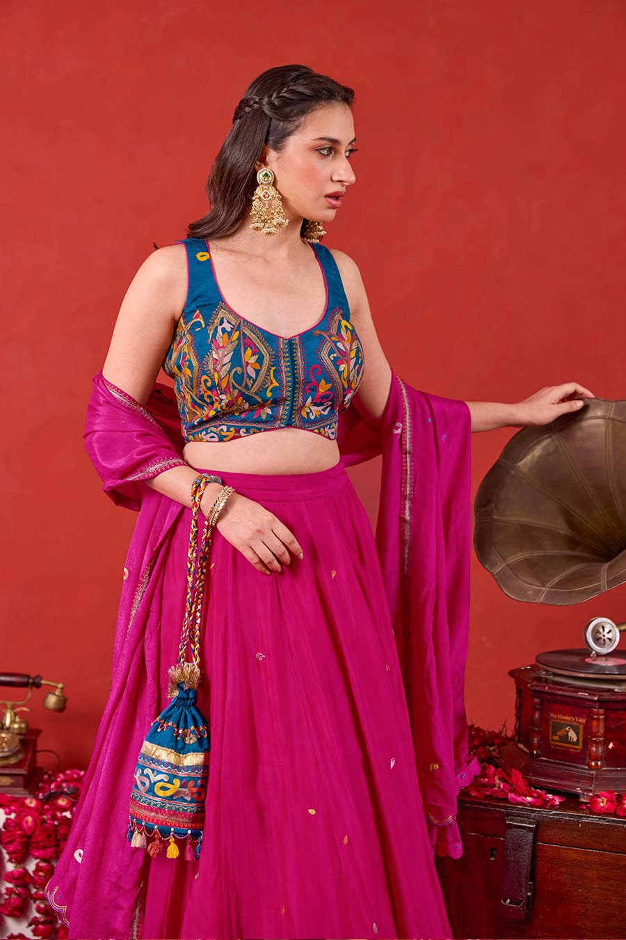 Nazakat Pink-Blue Embroidered Lehenga Set