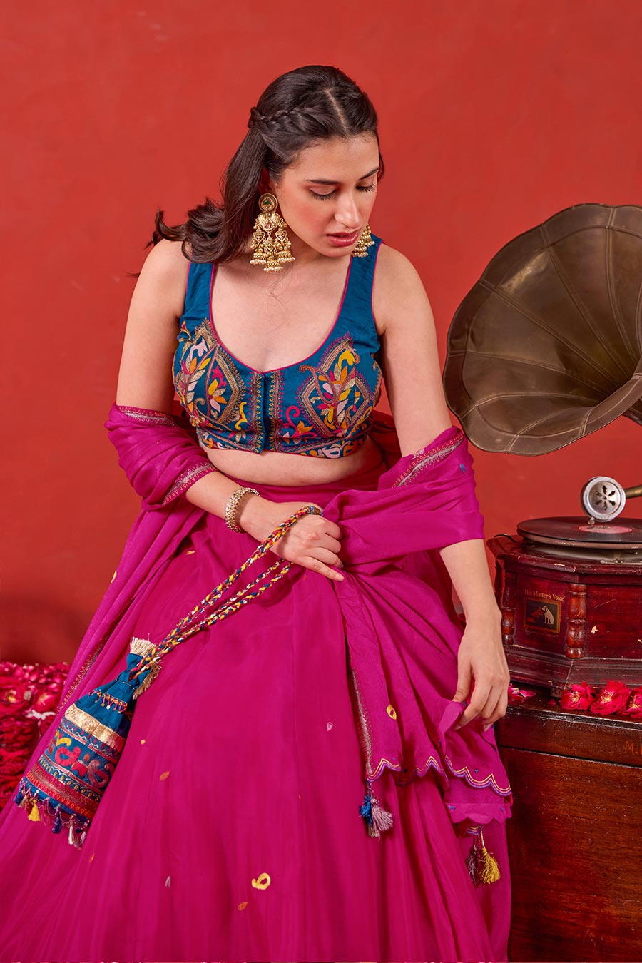 Nazakat Pink-Blue Embroidered Lehenga Set