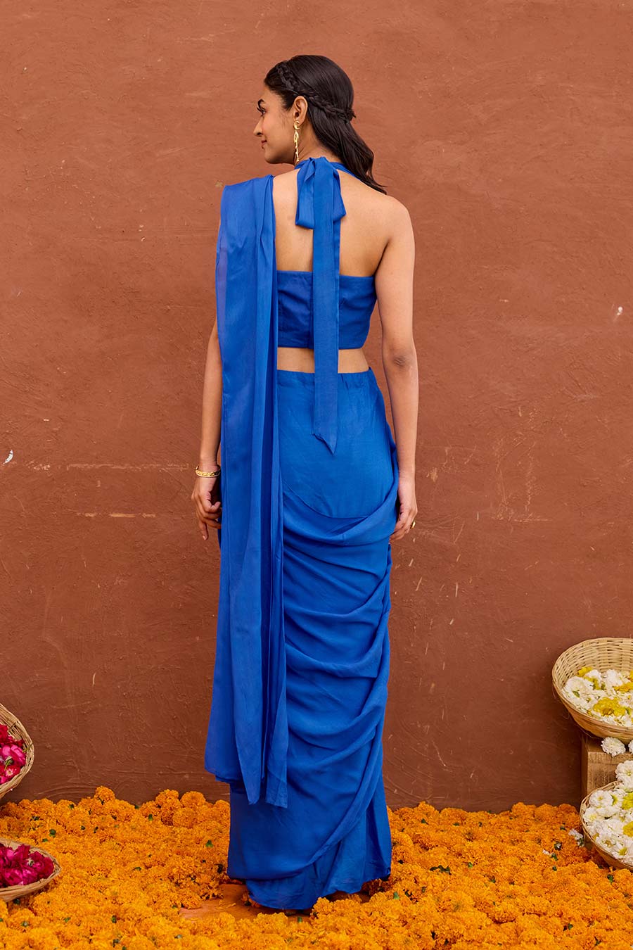 Pariza Blue Satin Silk Pre-Draped Saree Set