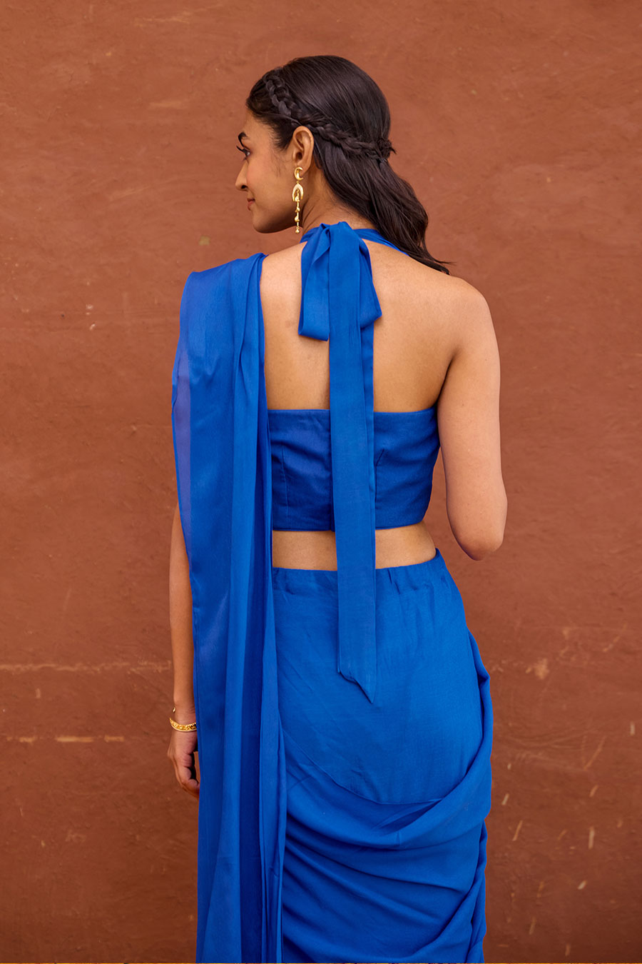 Pariza Blue Satin Silk Pre-Draped Saree Set