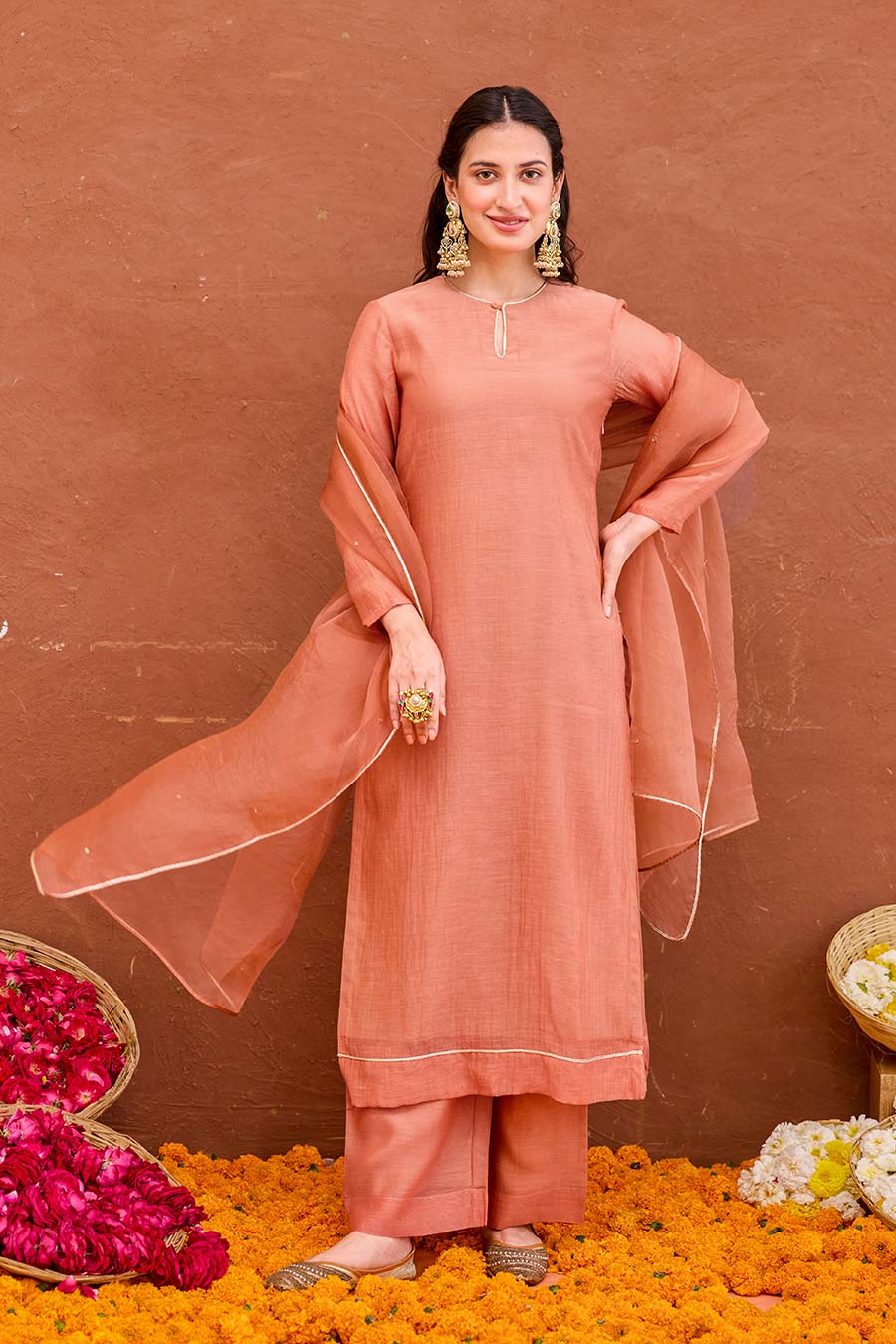 Kesar Rust Peach Chanderi Silk Kurta Set
