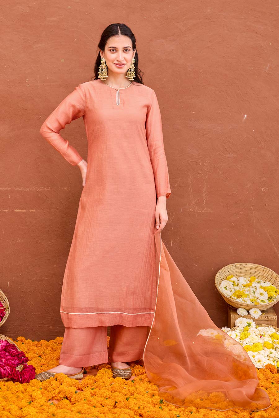 Kesar Rust Peach Chanderi Silk Kurta Set