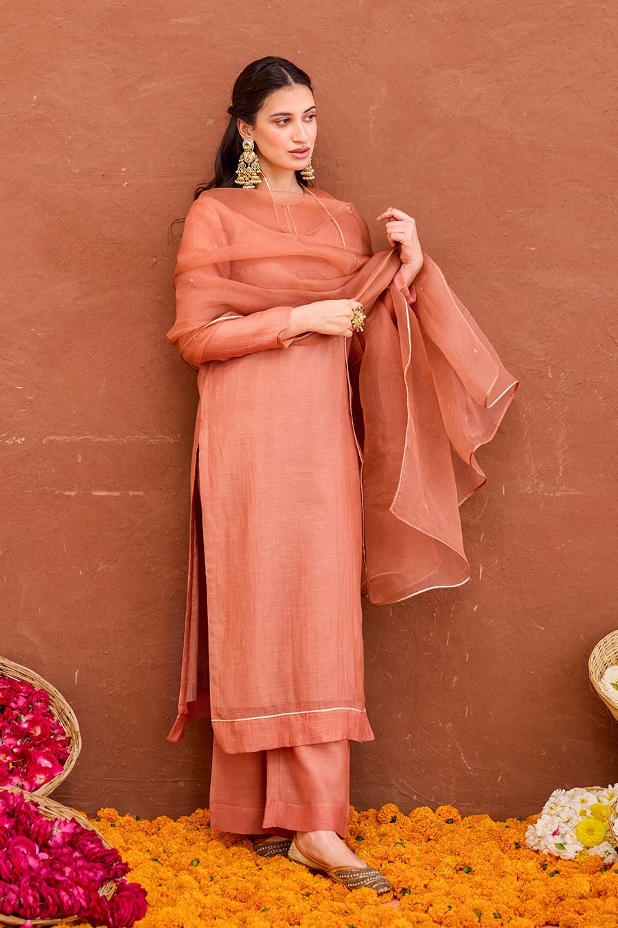 Kesar Rust Peach Chanderi Silk Kurta Set