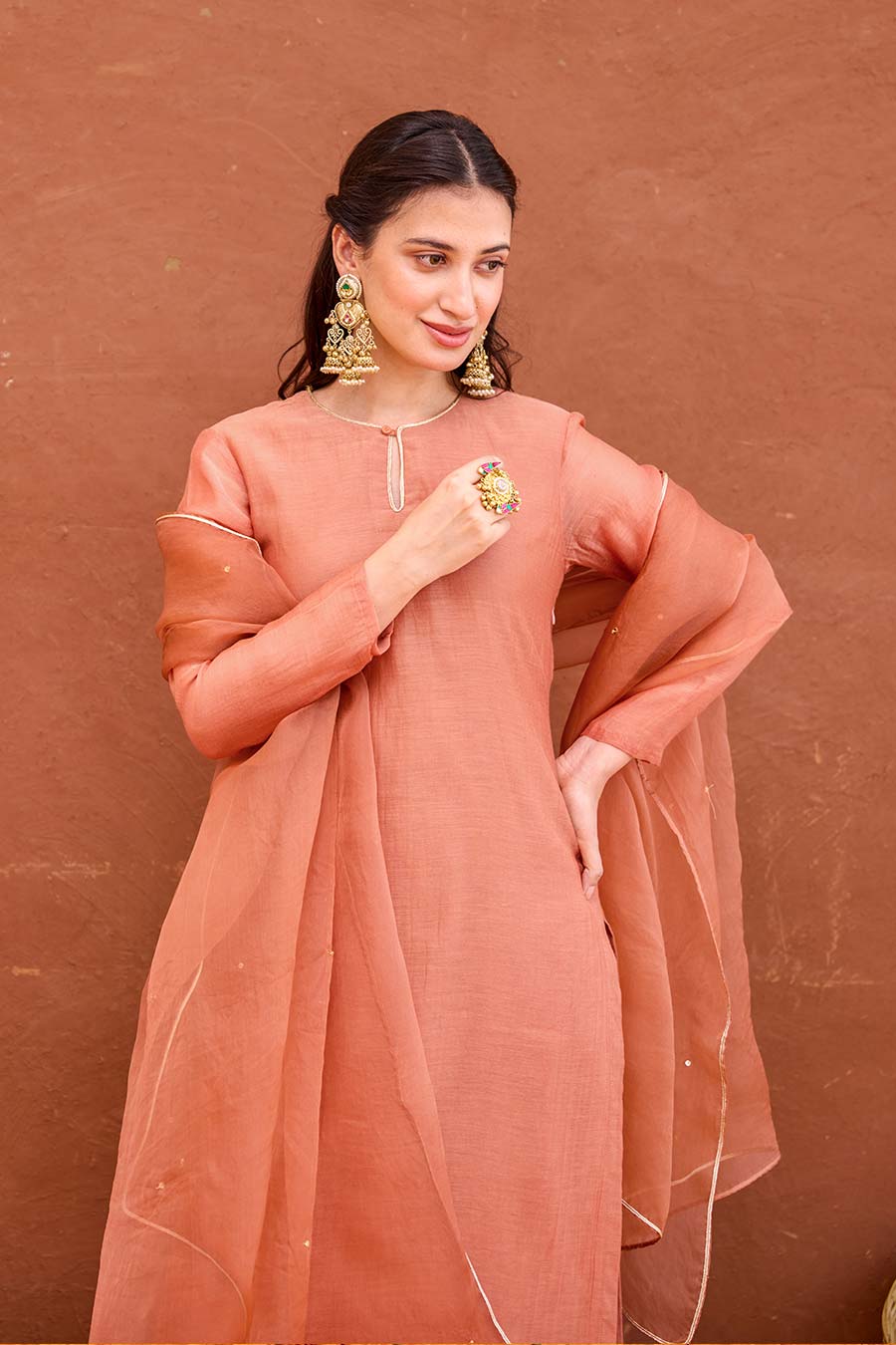 Kesar Rust Peach Chanderi Silk Kurta Set