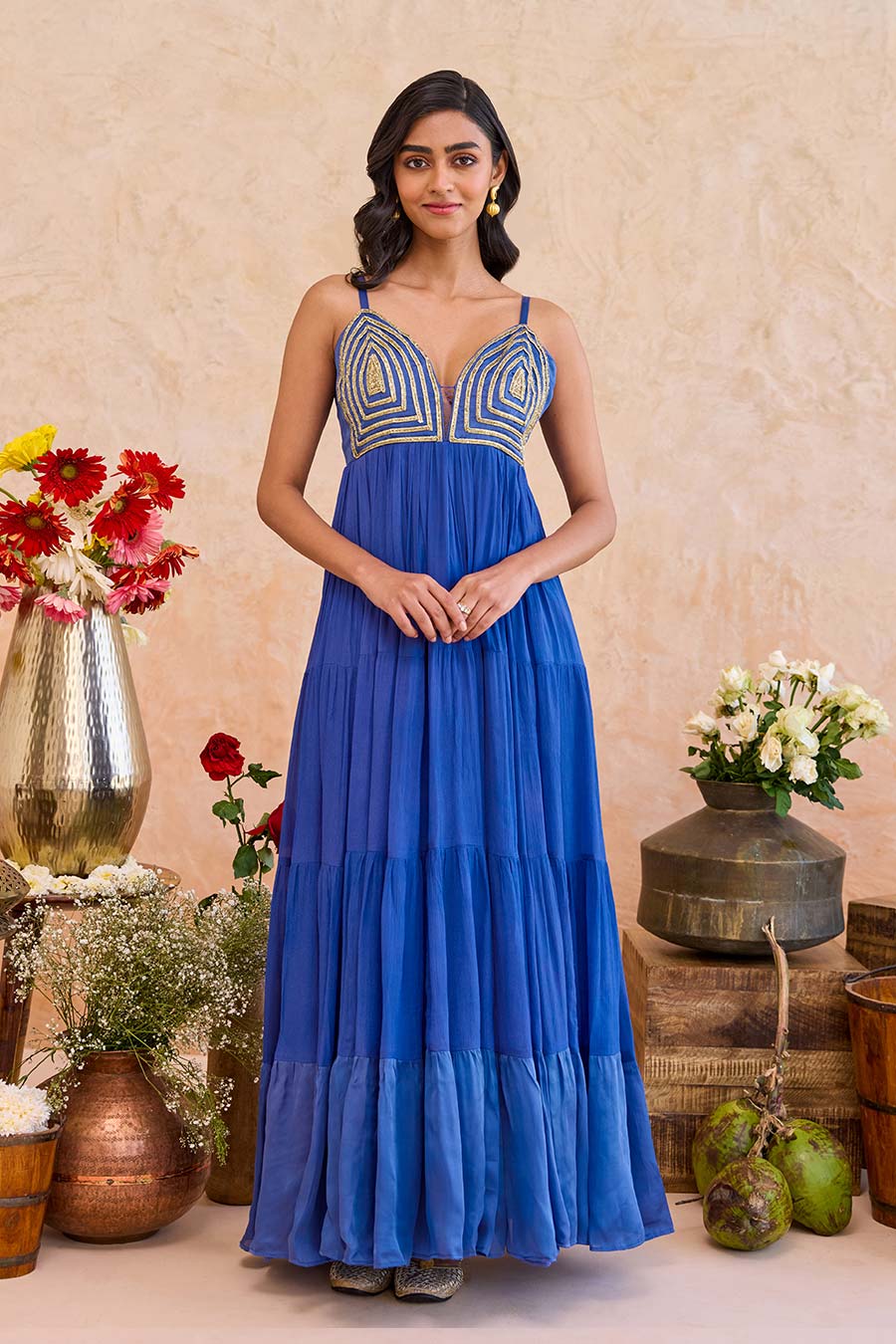 Nayla Blue Embroidered Tiered Gown Dress