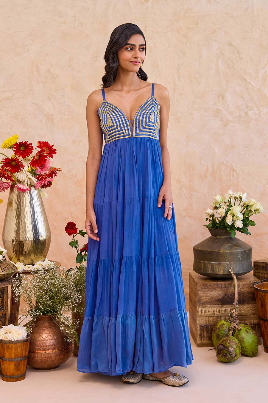 Nayla Blue Embroidered Tiered Gown Dress
