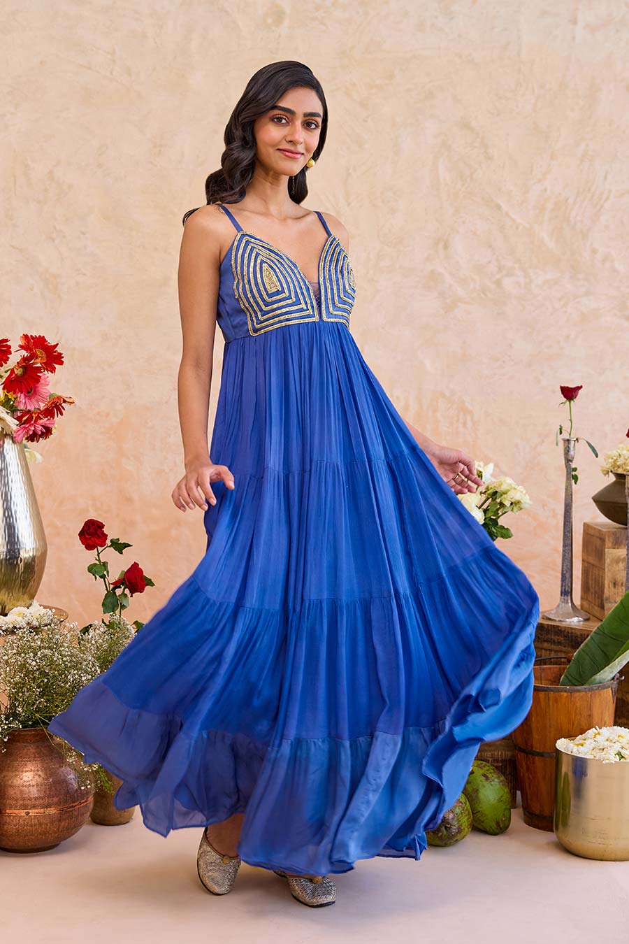 Nayla Blue Embroidered Tiered Gown Dress