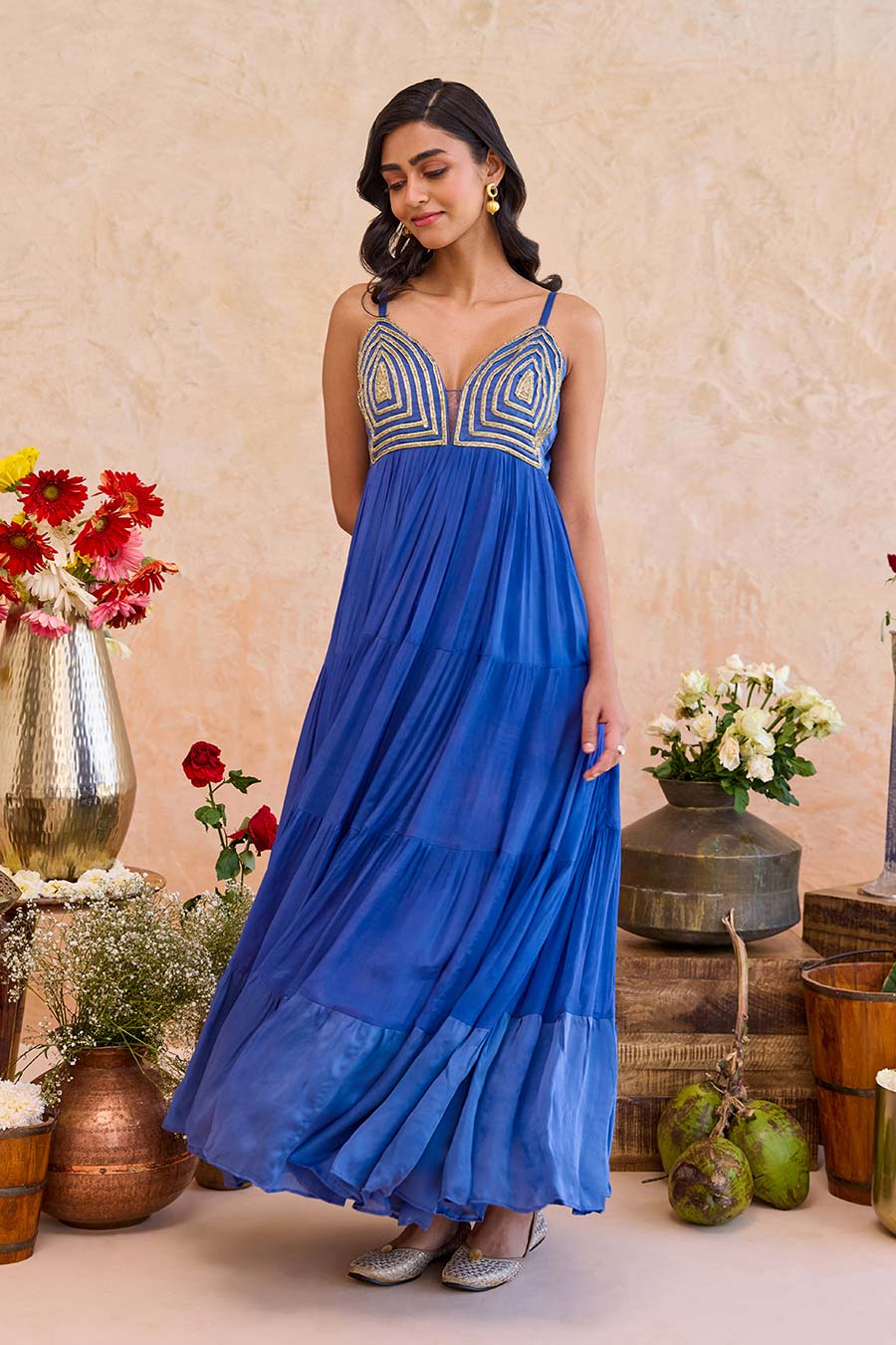 Nayla Blue Embroidered Tiered Gown Dress