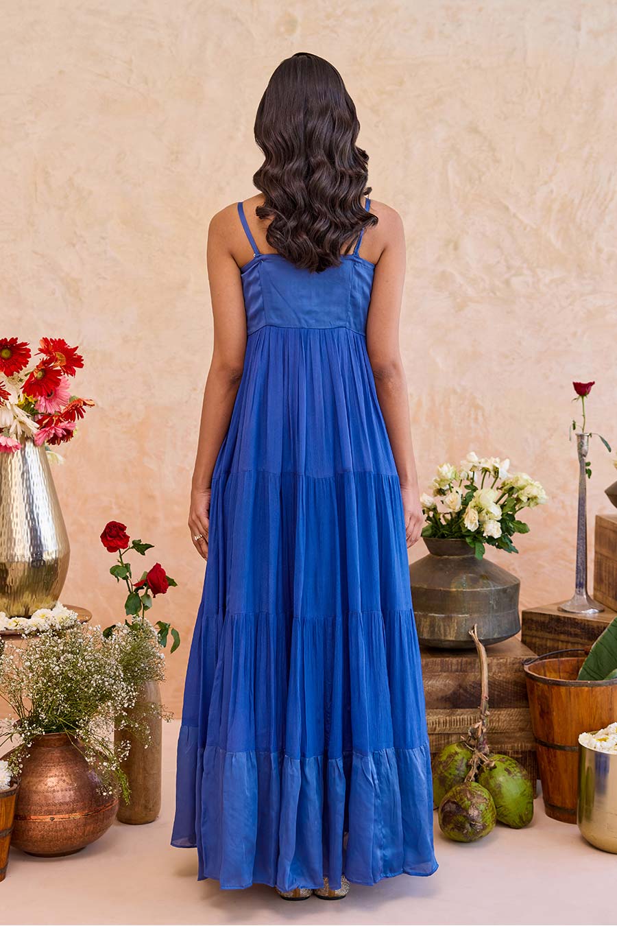 Nayla Blue Embroidered Tiered Gown Dress