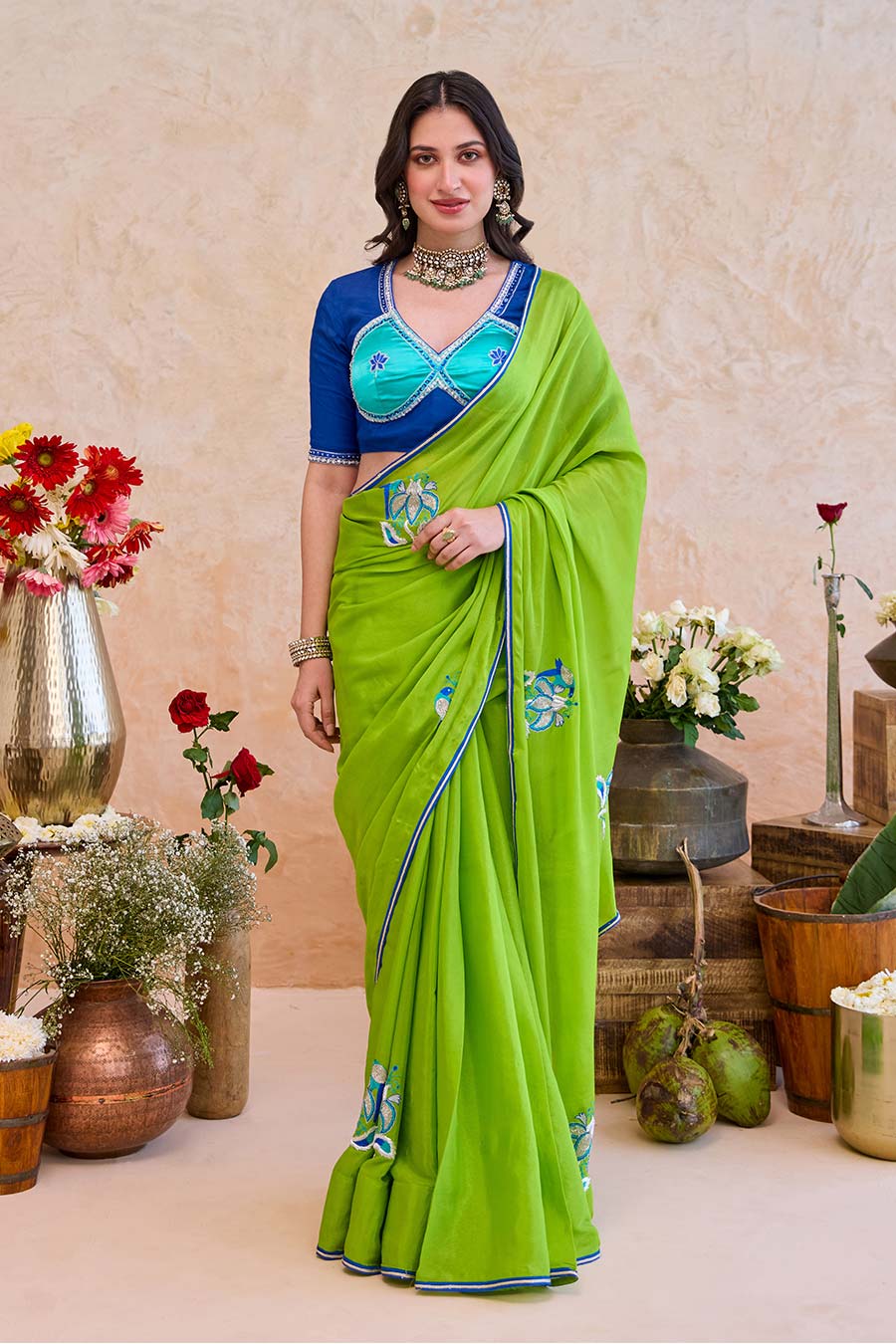 Parijata Green Embroidered Saree With Blue Blouse